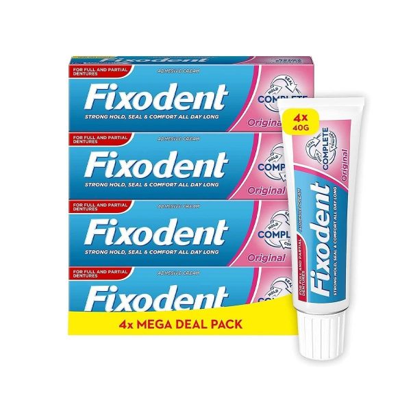 Fixodent Complete Denture Adhesives Cream, 4x40g, Saving Pack, 10X Stronger Hold vs. No Adhesive, Improved Comfort & Foodseal, Original, Mint