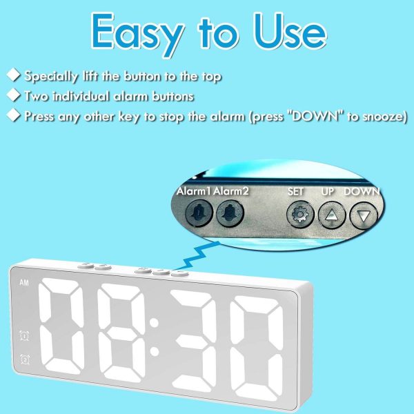 White Digital Alarm Clock Bedside - LED Clock for Bedroom Home Office,Electronic Desk Clock with Dual Alarms,Snooze,USB Powered,Battery Backup,Gifts for Teenages Boys,Easy to Use - Image 3