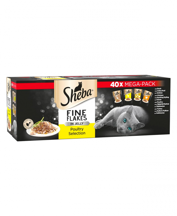 Sheba Fine Flakes Poultry Collection in Jelly 40 Pouches, Adult Wet Cat Food, Megapack , 85 g (Pack of 40)