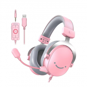 FIFINE Pink 3.5mm/USB Gaming Headset,PC Over-Ear Gamer Headphone with Microphone for Xbox,Computer,PS4/PS5,Streaming Headset with Detachable Mic,7.1 Surround Sound,Soft Earmuffs-AmpliGame H9 Pink