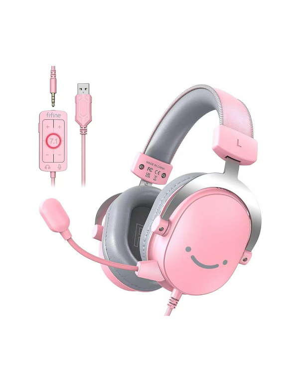 FIFINE Pink 3.5mm/USB Gaming Headset,PC Over-Ear Gamer Headphone with Microphone for Xbox,Computer,PS4/PS5,Streaming Headset with Detachable Mic,7.1 Surround Sound,Soft Earmuffs-AmpliGame H9 Pink