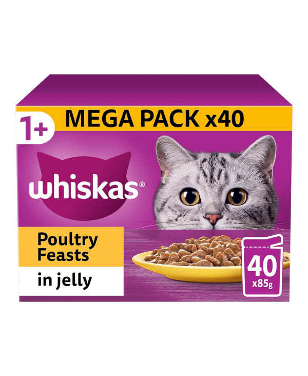 Whiskas 1+ Adult Poultry Selection in Jelly 40 Pouches, Adult Wet Cat Food, Megapack (40 x 85 g)