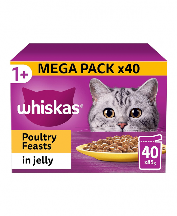 Whiskas 1+ Adult Poultry Selection in Jelly 40 Pouches, Adult Wet Cat Food, Megapack (40 x 85 g)
