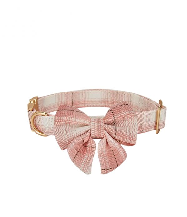 Soft Cloth Wrapped Dog Collar Plaid UK Style Collars with Removeable Bowtie for Small Dogs with Sensitive Skin,Pink