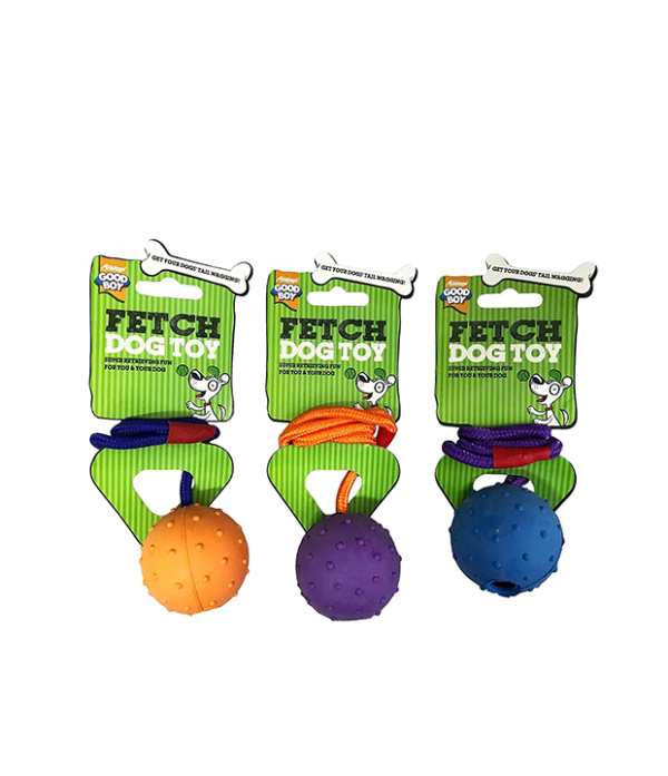 3 PACK GOODBOY FETCH DOG TOY BOUNCY PIMPLED RUBBER BALL ON ROPE THROW 08986