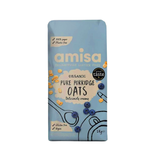 Amisa Organic Gluten Free Porridge Oats, 1kg - Batch Tested for Gluten - Source of Fibre - Sustainable 100% Recyclable Paper Packaging - For Cooking, Breakfast or Baking