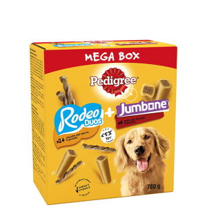 Pedigree Multipack with 24 Rodeo Duos Chicken and Bacon Flavour and 4 Jumbone Beef and Poultry Flavour, Dog Treat Snacks, Mega Box
