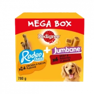 Pedigree Multipack with 24 Rodeo Duos Chicken and Bacon Flavour and 4 Jumbone Beef and Poultry Flavour, Dog Treat Snacks, Mega Box