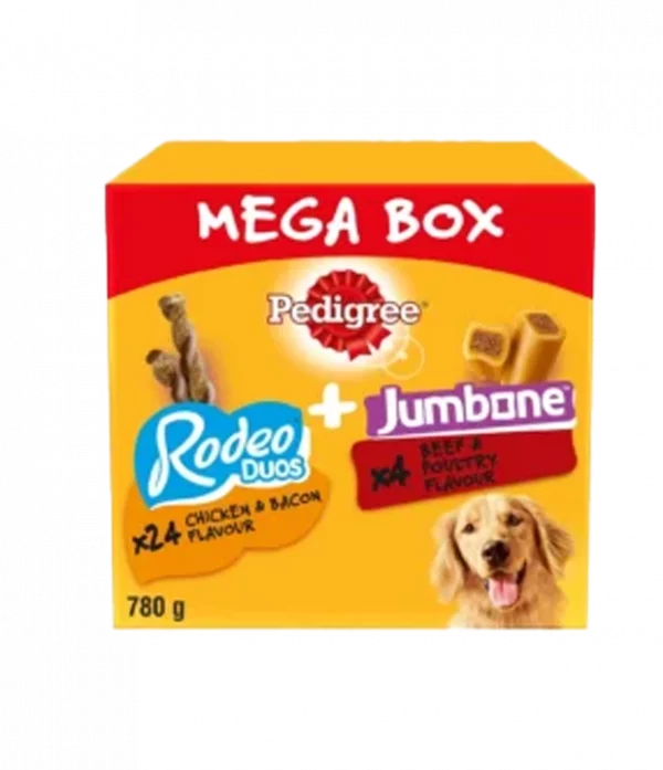 Pedigree Multipack with 24 Rodeo Duos Chicken and Bacon Flavour and 4 Jumbone Beef and Poultry Flavour, Dog Treat Snacks, Mega Box